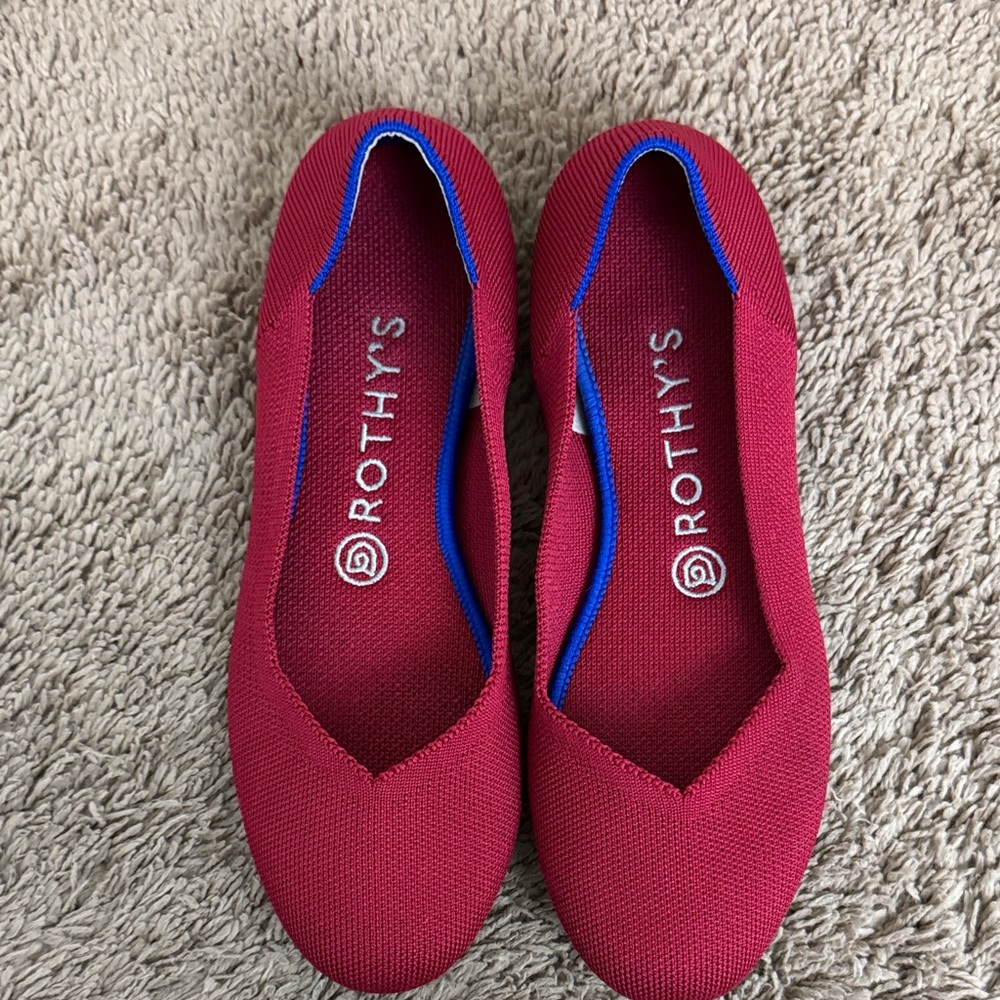 Rothy's Burgundy Flats with Blue Trim